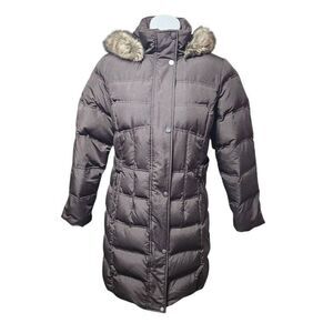 Utex Canada puffer coat down feather faux fur collar brown long medium